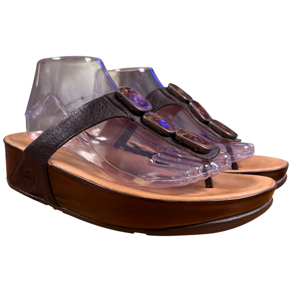 Fitflop Pietra Sandals Women 41/US9 Brown Jeweled Leather Thong Slides Comfort - Picture 2 of 16